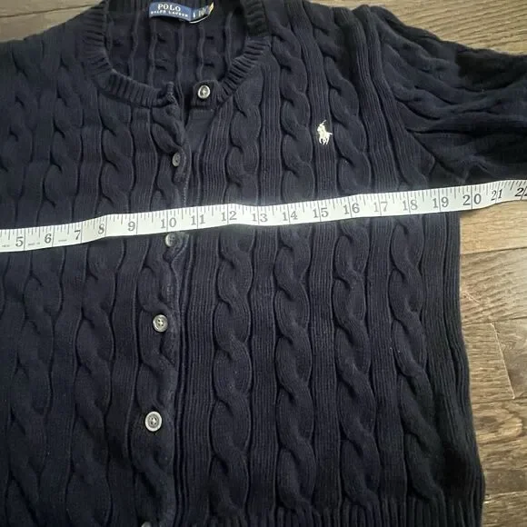 POLO RALPH LAUREN Women Cable-Knit Cotton Crewneck Cardigan Blue Large - Picture 6 of 7